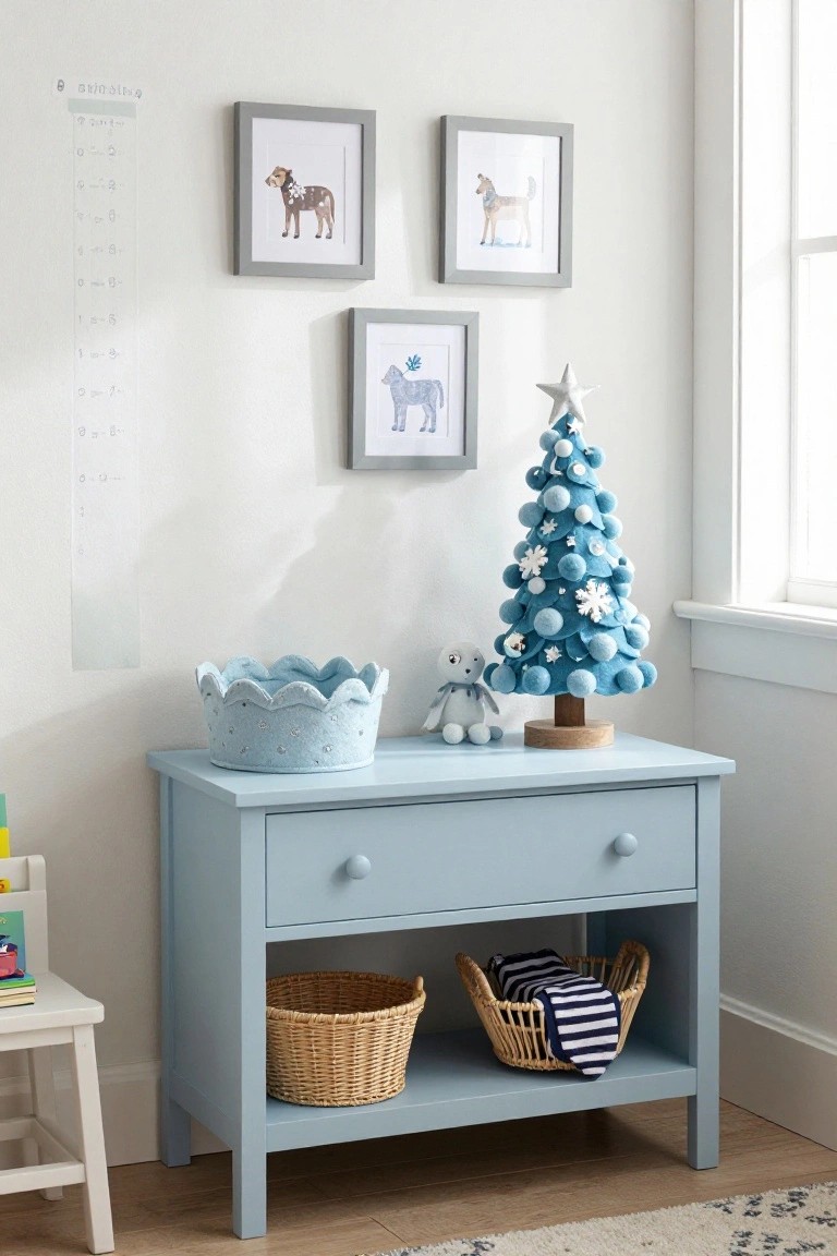 Light blue dresser in a nursery corner holding a small blue felt Christmas tree topped with a star, a scalloped basket, and a basket with folded clothes in the shelf, with framed dog illustrations on the wall and a small stool nearby.