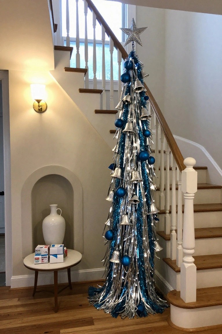 A tall slim blue and silver Christmas tree decorated with blue ornaments, silver tinsel, and bells stands next to a wooden staircase in a beige interior with a wall lamp, arched niche, and small table holding white packages.