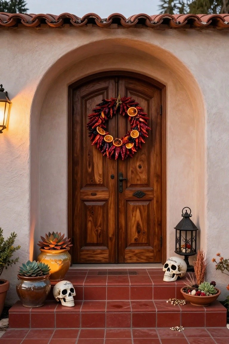 Arched stucco entryway with dark wooden double doors decorated by a wreath of dried red chili peppers and orange slices, potted succulents and a black lantern to the side, white skulls on red tiled steps, and string lights on the ground.