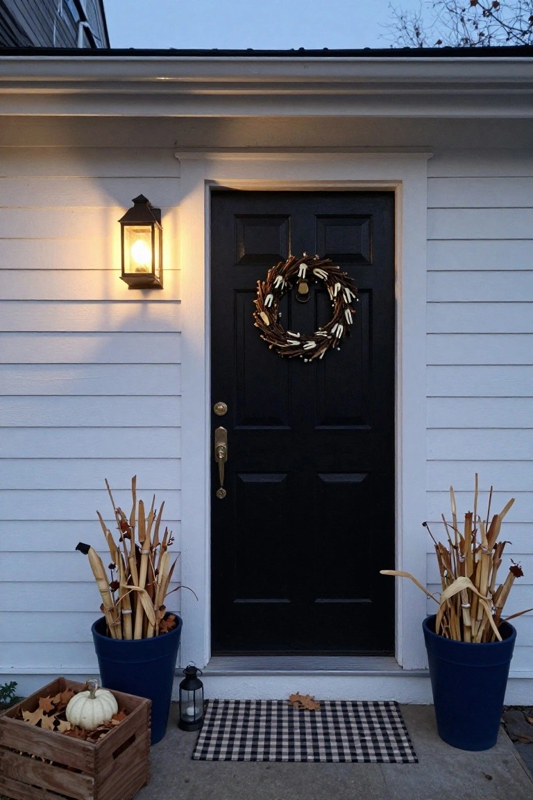 White clapboard garage or house exterior with black front door, wheat and corn ear wreath, cornstalks in blue pots flanking the door, white pumpkin in wooden crate with leaves, lanterns, and black-and-white checkered doormat at dusk.