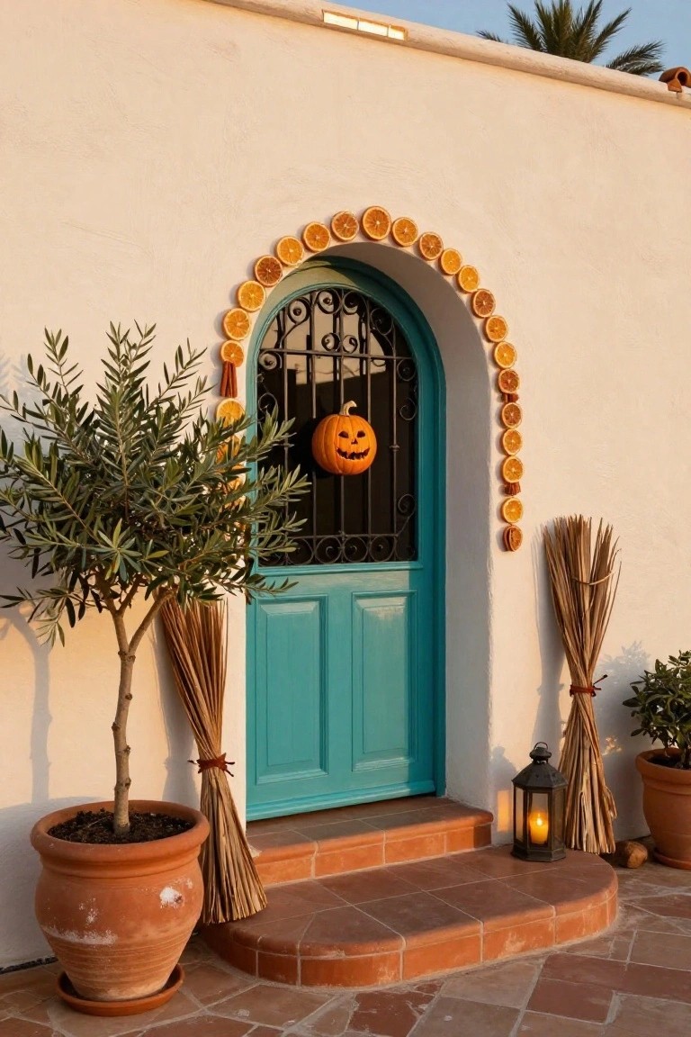 Arched turquoise wooden door with black wrought-iron gate, framed by a garland of dried orange slices, a hanging jack-o-lantern pumpkin, olive tree in terracotta pot, bundles of reeds, lit lantern, and terracotta steps in front of white stucco wall.