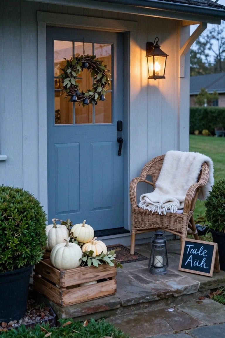 Gray shed with blue door decorated by greenery wreath with bells, white pumpkins in wooden crate, wicker chair draped in white blanket, lanterns, boxwood pots, and chalkboard sign on stone porch steps.