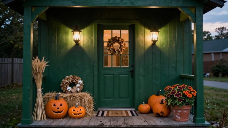 Green front door on a light green shingled house decorated with a fall leaf wreath containing skulls, flanked by stacked hay bales with carved jack-o-lanterns, plain pumpkins, wheat bundles, lanterns, and a potted orange mum plant on a wooden porch stoop at dusk.