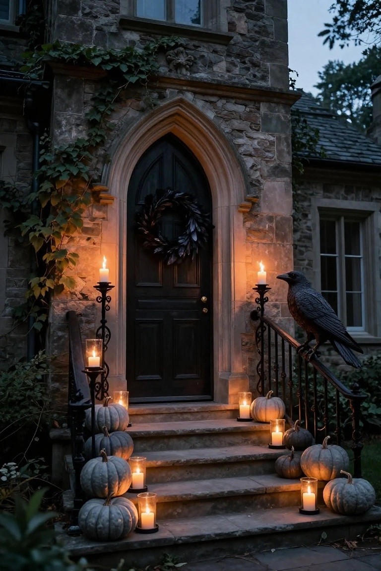 Gothic arched black front door on stone house with black feather wreath, flanked by black iron torch holders lit with candles, stone steps with white pumpkins and glass candles, black raven sculpture on railing, ivy climbing walls at dusk.
