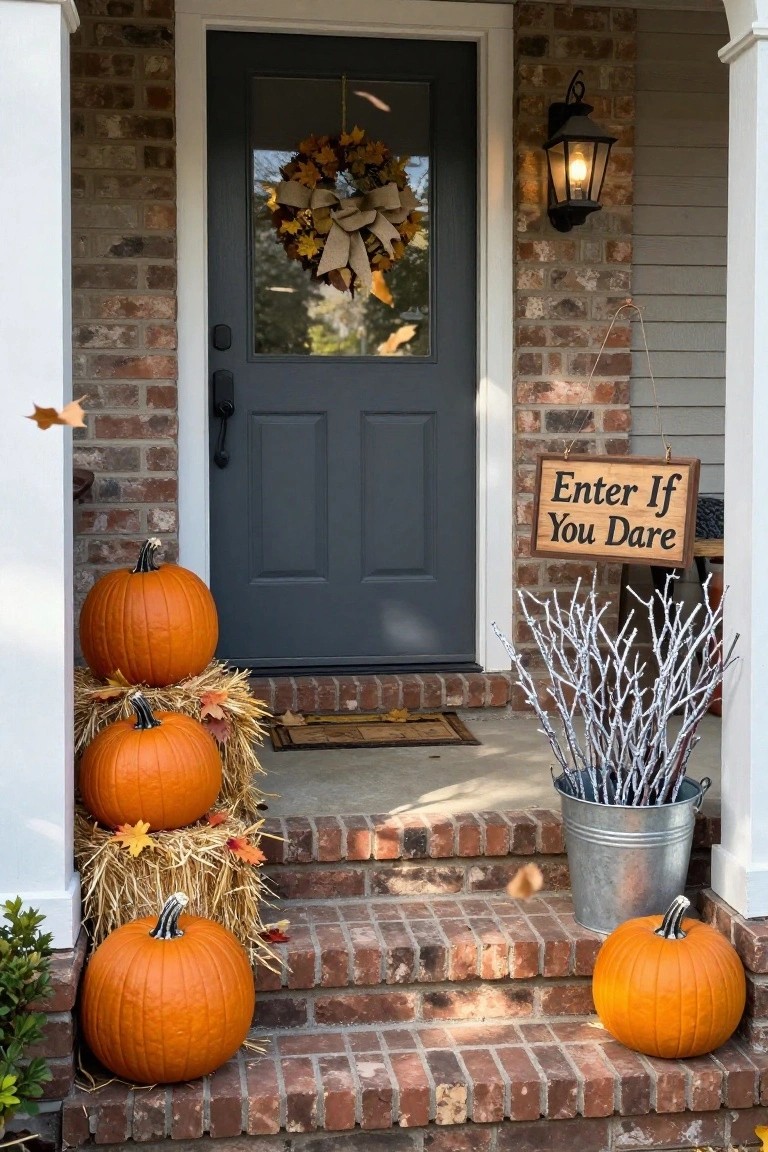 Brick house front porch with gray door, fall leaf wreath, hanging lantern light, stacked hay bales with pumpkins, white branches in metal bucket, and wooden sign reading 