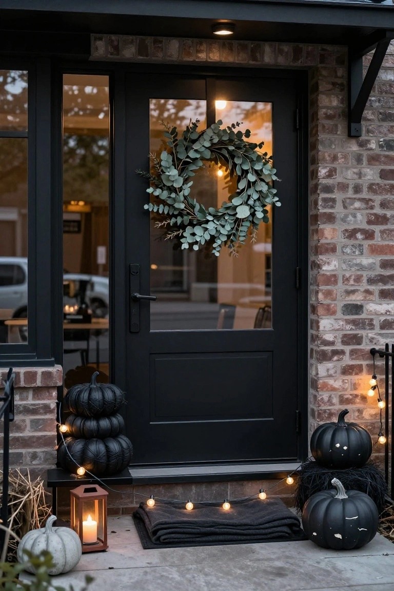 Black front door on brick house with eucalyptus wreath, stacked black pumpkins on porch flanked by string lights and lanterns, white pumpkin nearby, and black doormat on steps.