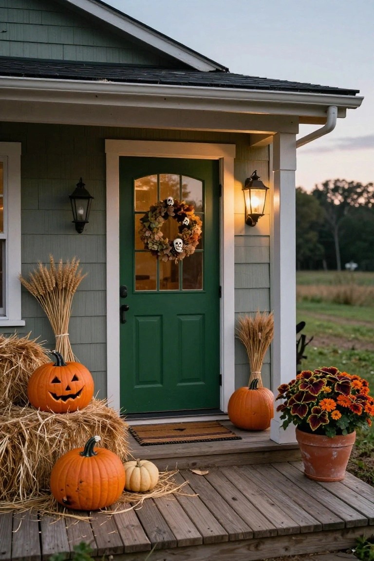 Green front door on a light green shingled house decorated with a fall leaf wreath containing skulls, flanked by stacked hay bales with carved jack-o-lanterns, plain pumpkins, wheat bundles, lanterns, and a potted orange mum plant on a wooden porch stoop at dusk.