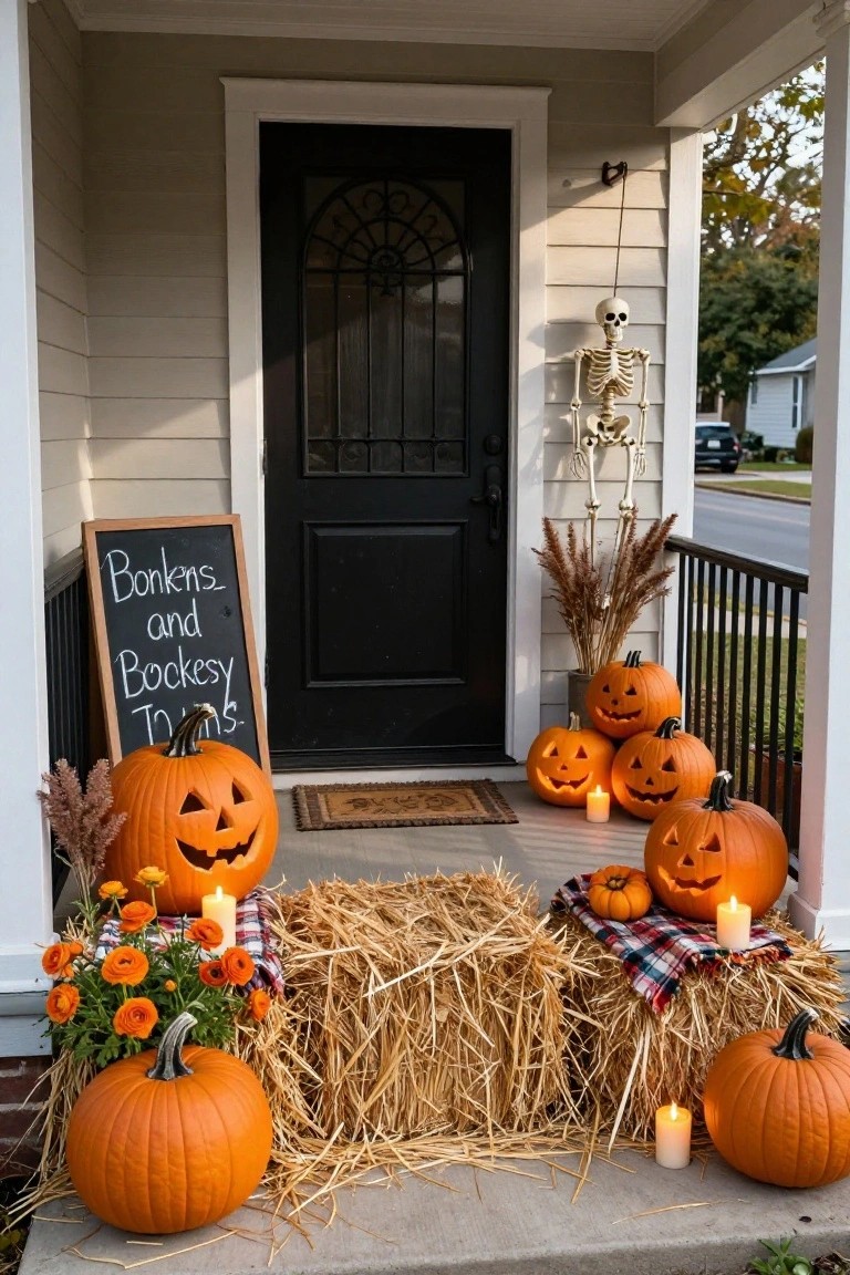 Front porch of a beige house decorated for Halloween with stacked hay bales draped in plaid blankets holding pumpkins and candles, carved jack-o-lanterns on steps, a hanging plastic skeleton, potted flowers and grasses, and a chalkboard sign next to the black screened door.