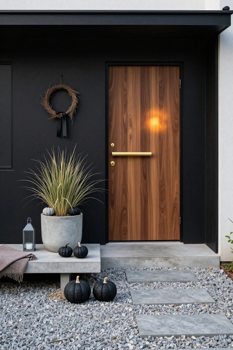Modern walnut front door in black frame with gold handle, wheat wreath on wall, pampas grass in gray pot with small pumpkins, lantern and throw blanket on concrete bench with black pumpkins nearby, gravel ground and stone steps.
