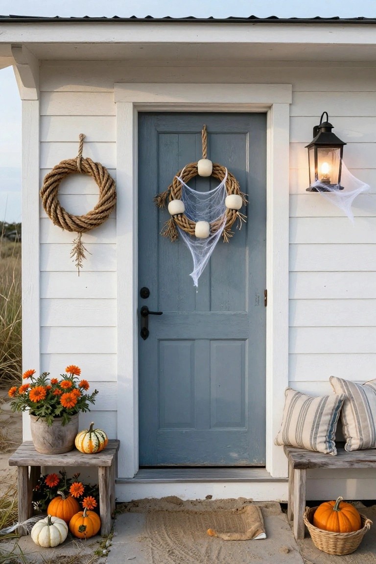 White clapboard building with blue front door decorated by rope wreath with net and white orbs, spider webs, lantern light, pumpkins on bench, and potted flowers on porch steps near sand.