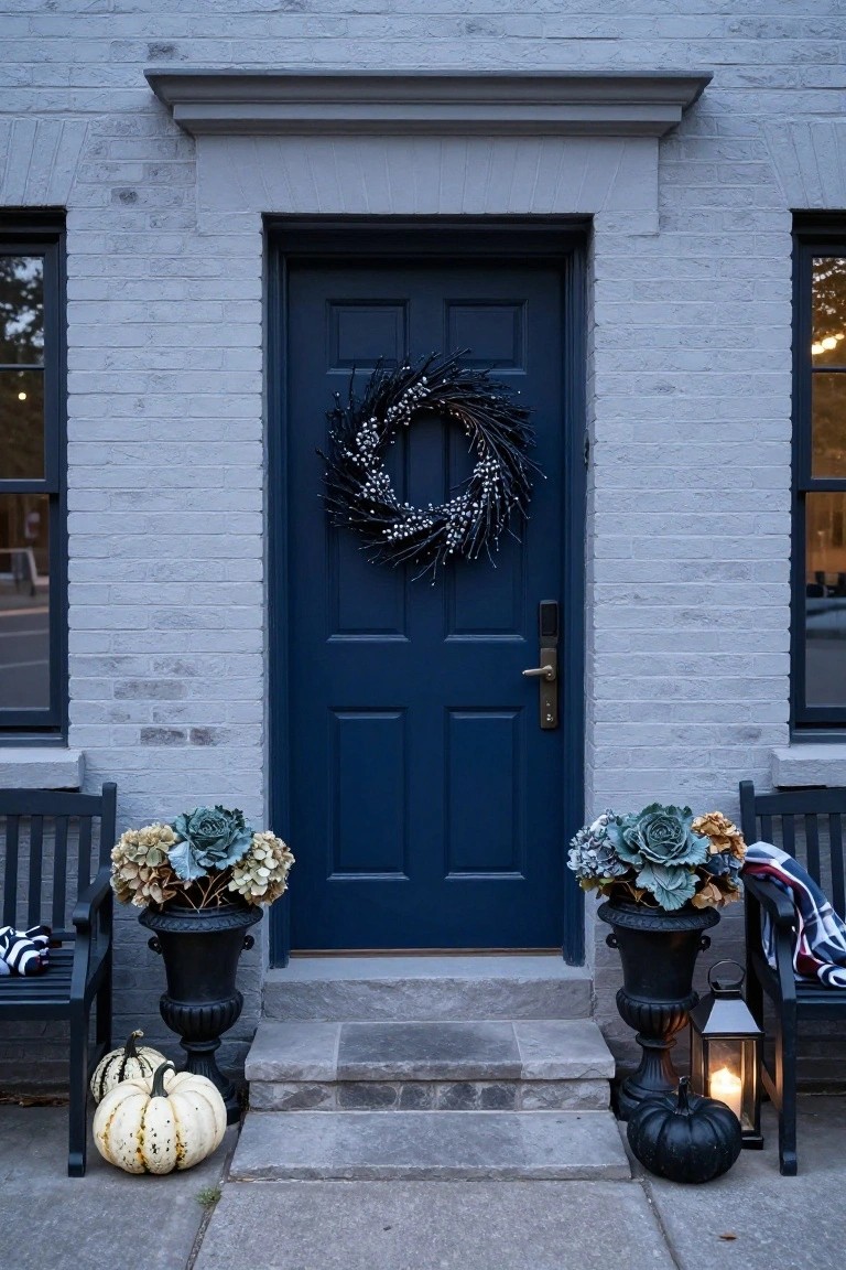 Gray brick house facade with navy front door decorated for Halloween, black feather wreath with white berries, black urns with blue-green succulents and pumpkins, black benches with blankets, and lit lantern on the right bench.
