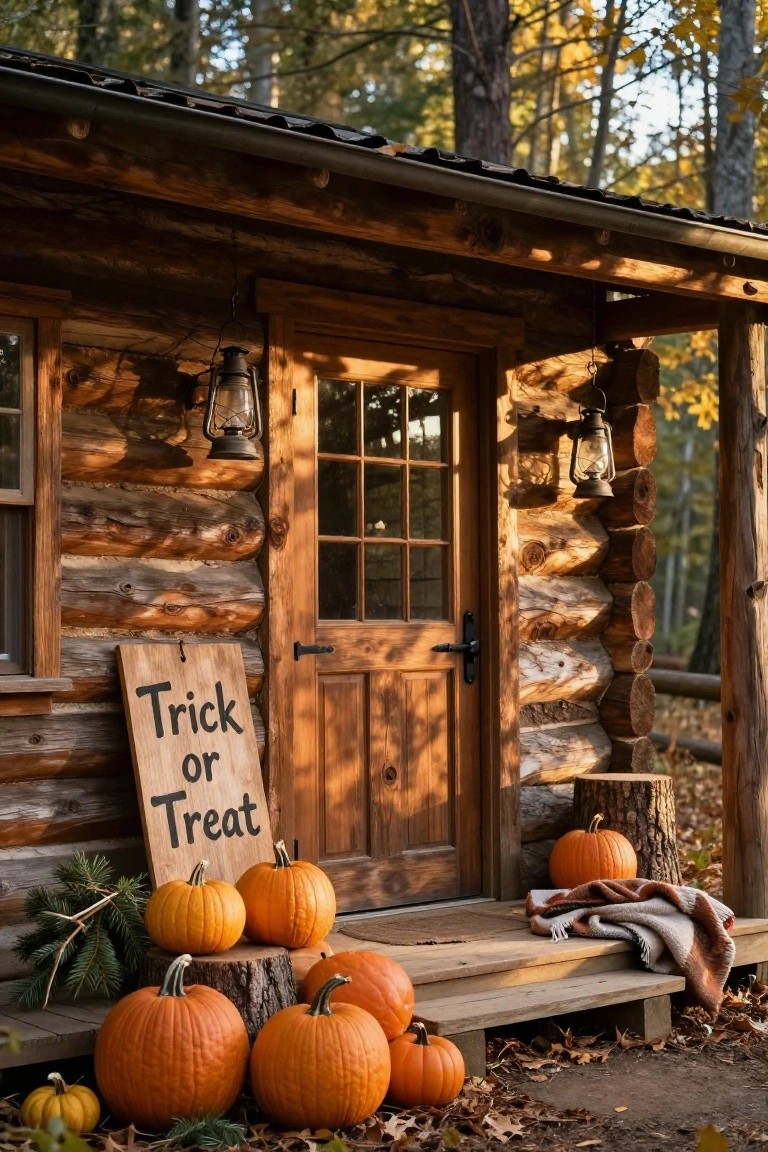 Rustic log cabin porch decorated for Halloween with clustered pumpkins on tree stumps, a wooden 