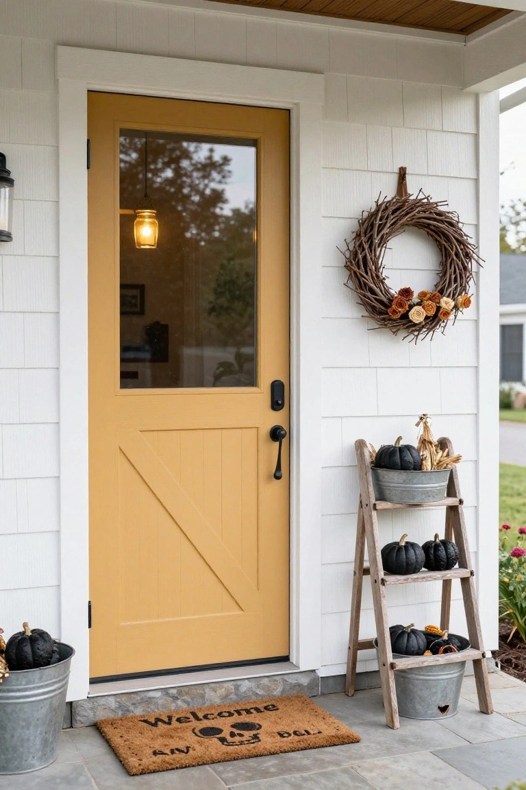 Yellow paneled front door with glass panel on white board-and-batten siding house, decorated for Halloween with grapevine wreath, black pumpkins in galvanized buckets on wooden A-frame ladder shelf, skull doormat, lanterns, and bucket of pumpkins.