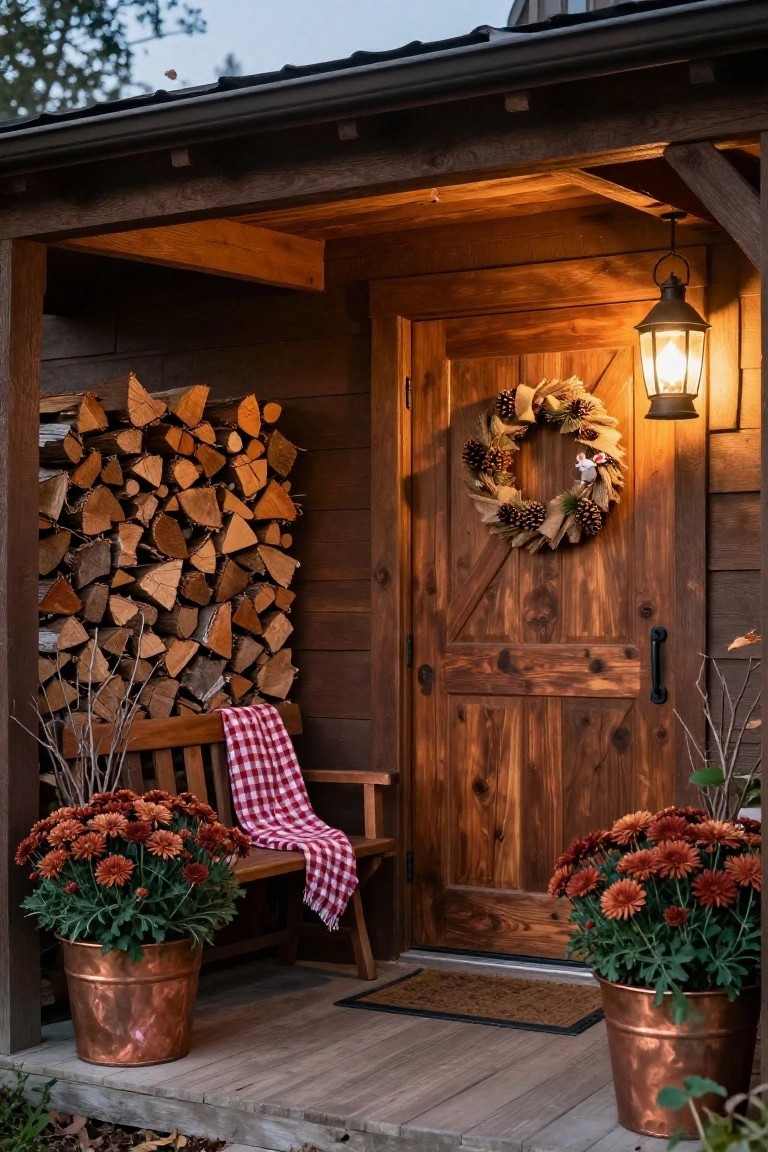 Rustic wooden cabin porch featuring a front door with burlap pinecone wreath including a small white mouse, stacked firewood wall, wooden bench draped in red plaid blanket, and orange chrysanthemum plants in copper pots.