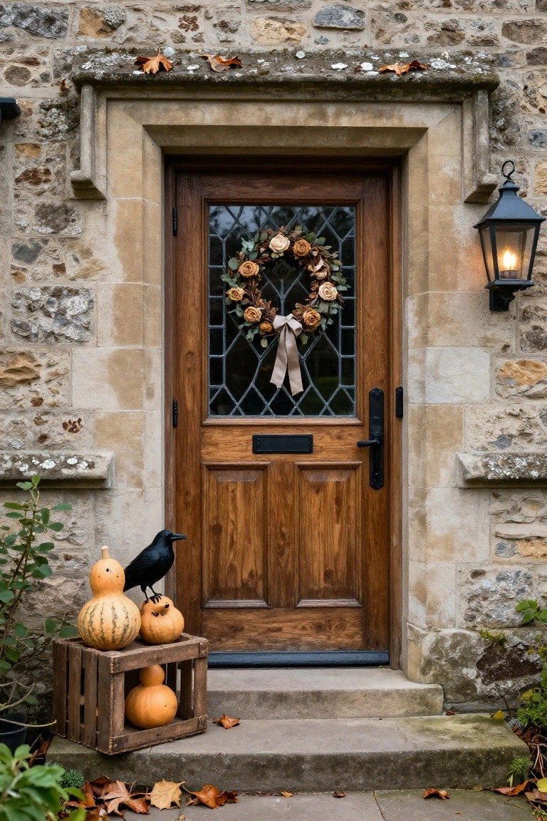 Wooden front door with leaded glass window on a stone house, decorated with beige dried flower wreath, black crow on pumpkins and gourds in wooden crate, lit lantern, and fall leaves.