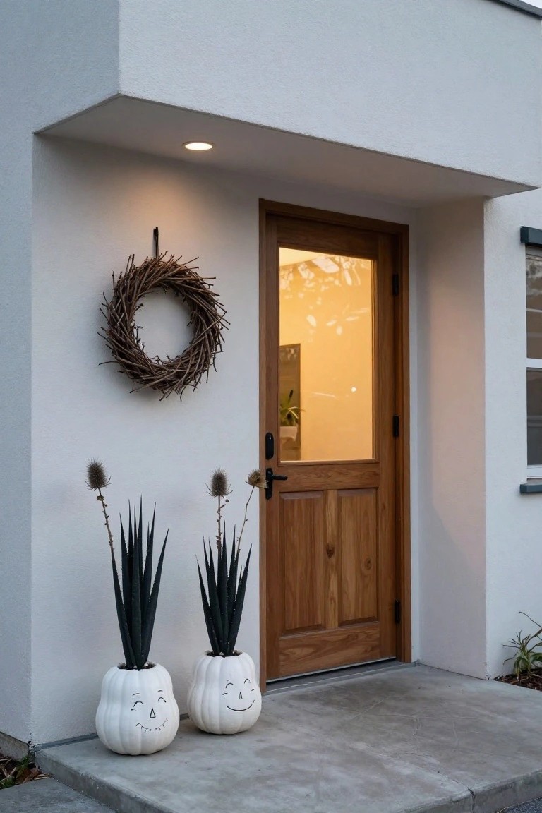Wooden front door with glass panels on a white stucco wall, flanked by two white smiling pumpkin pots containing agave plants, dried thistle stems nearby, and a twig wreath hung beside the door on a concrete stoop.