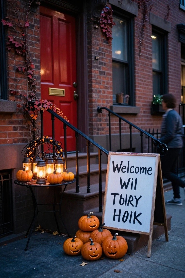 Spooky Lanterns and Pumpkins on Front Steps