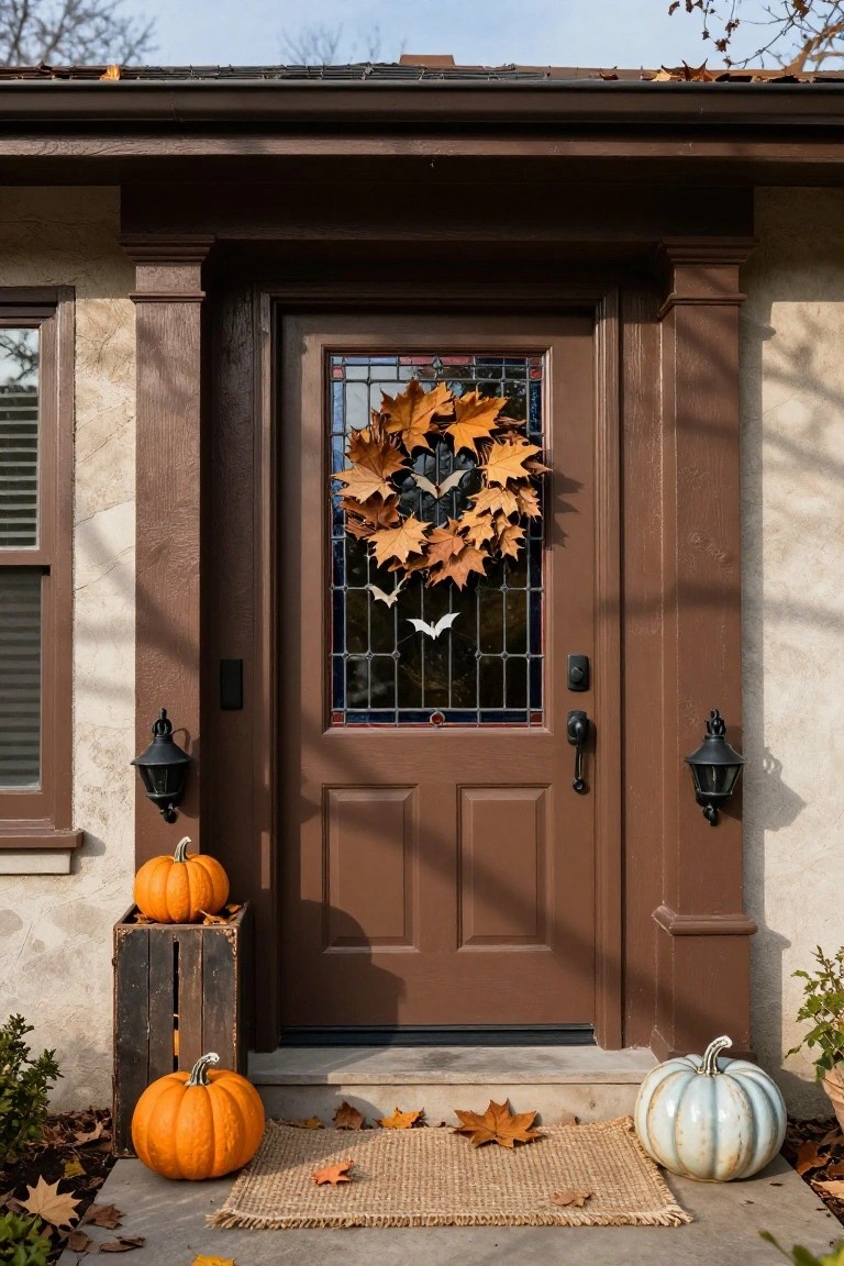Brown wooden front door with orange leaf wreath featuring white bats, flanked by orange pumpkins in a wooden crate and a white pumpkin on the porch steps, black lanterns on pillars, fall leaves scattered around.