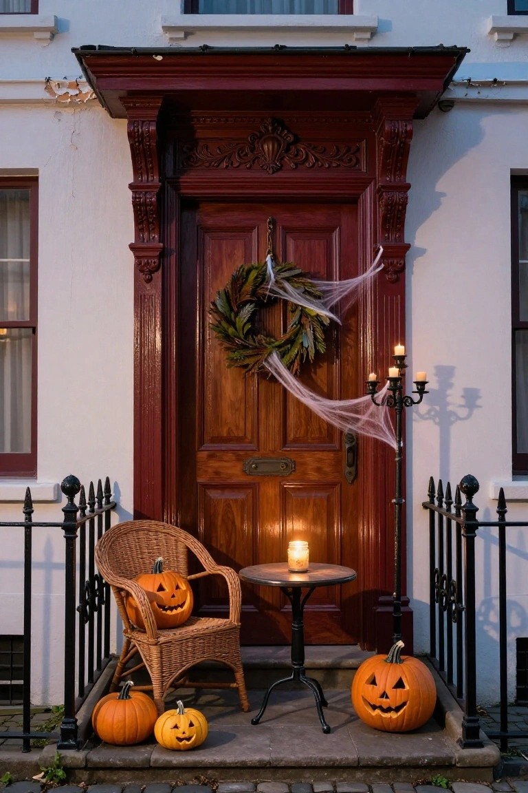 Red front door on a white house decorated for Halloween with a greenery wreath draped in spider webs, black metal candelabra with candles, wicker armchair holding a pumpkin on the steps next to a small table with a candle jar, and several jack-o-lanterns nearby, surrounded by black iron railing.