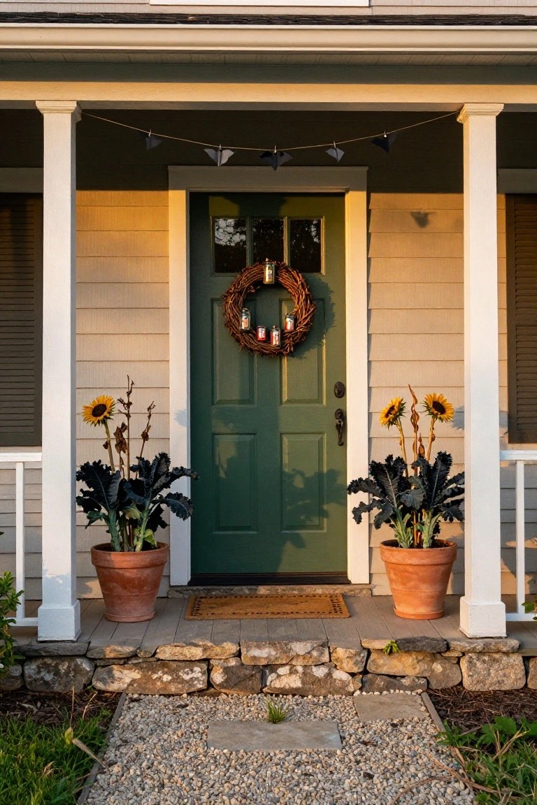 Green front door on a porch with white columns, decorated by a grapevine wreath holding small glass jars and bottles, black bat garland strung overhead, potted sunflowers with dried stems and kale plants in terracotta pots on each side, stone steps leading to gravel path.
