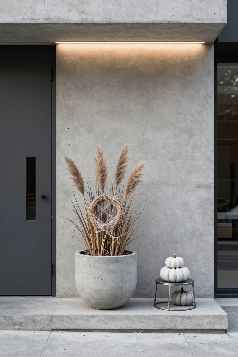 Modern house entrance featuring a black door in textured gray concrete wall, large gray concrete pot filled with tall pampas grass and woven wreath, stack of small white pumpkins on black metal stand beside it, warm LED light strip above door.