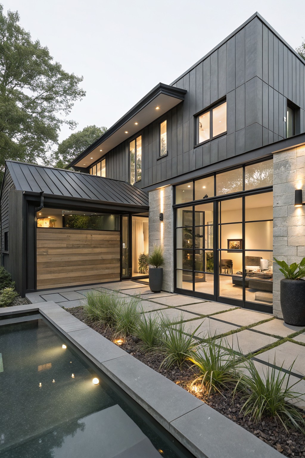 Modern house exterior with dark gray vertical metal siding, black standing-seam roof, attached garage featuring horizontal wood door, large black-framed glass entry doors with stone base, and adjacent rectangular pool edged in concrete with ornamental grasses.
