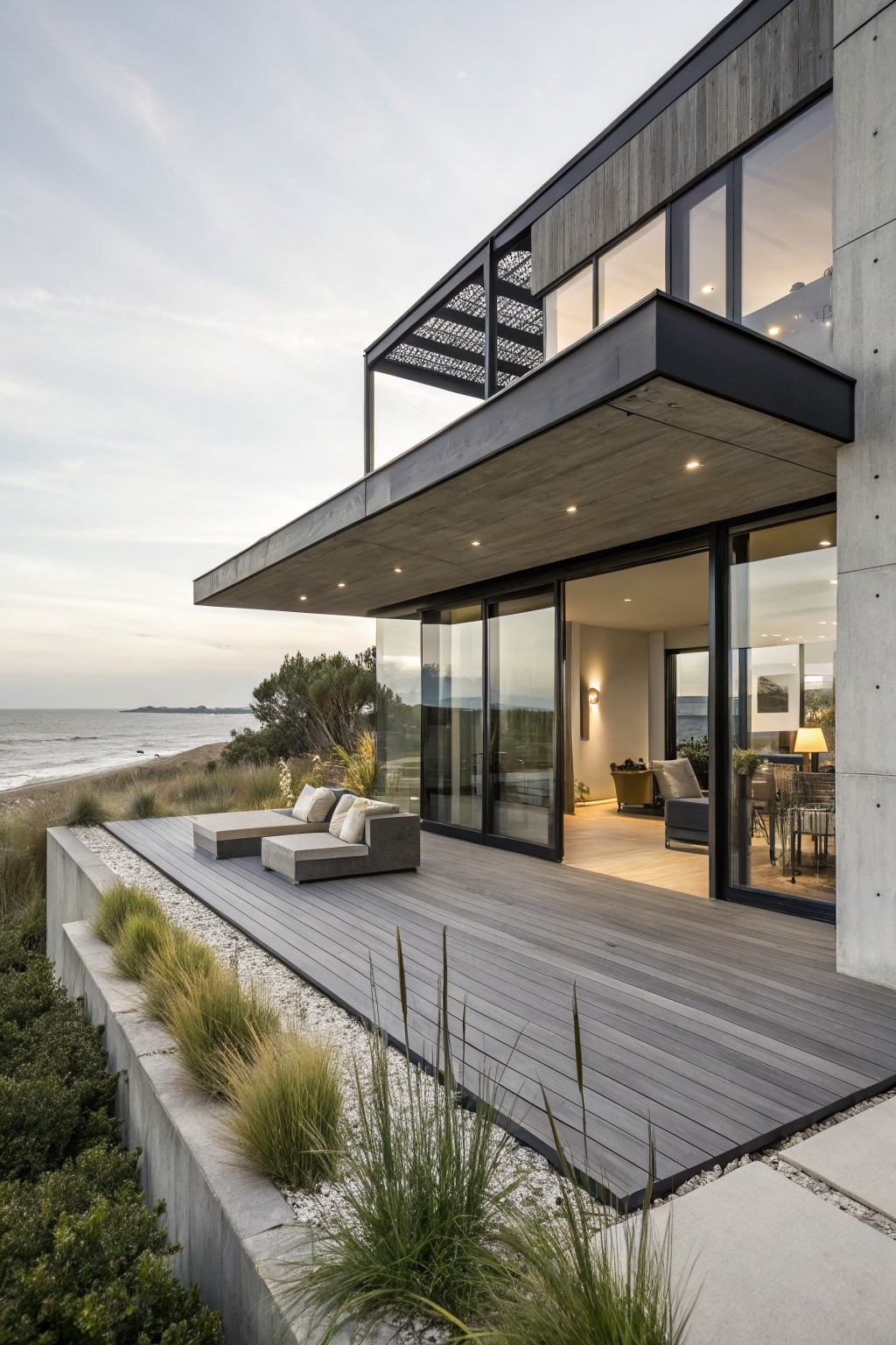 Side view of a modern beach house with gray concrete walls, dark wood cladding and overhang, large glass sliding doors opening from interior to wooden deck, dune grasses, and ocean in background.