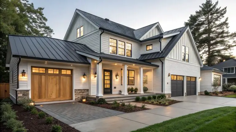 Two-story house exterior featuring light gray shiplap siding, black standing seam metal roof, black trim and gutters, covered front porch with wood double doors, stone accents, and gravel path with shrubs.