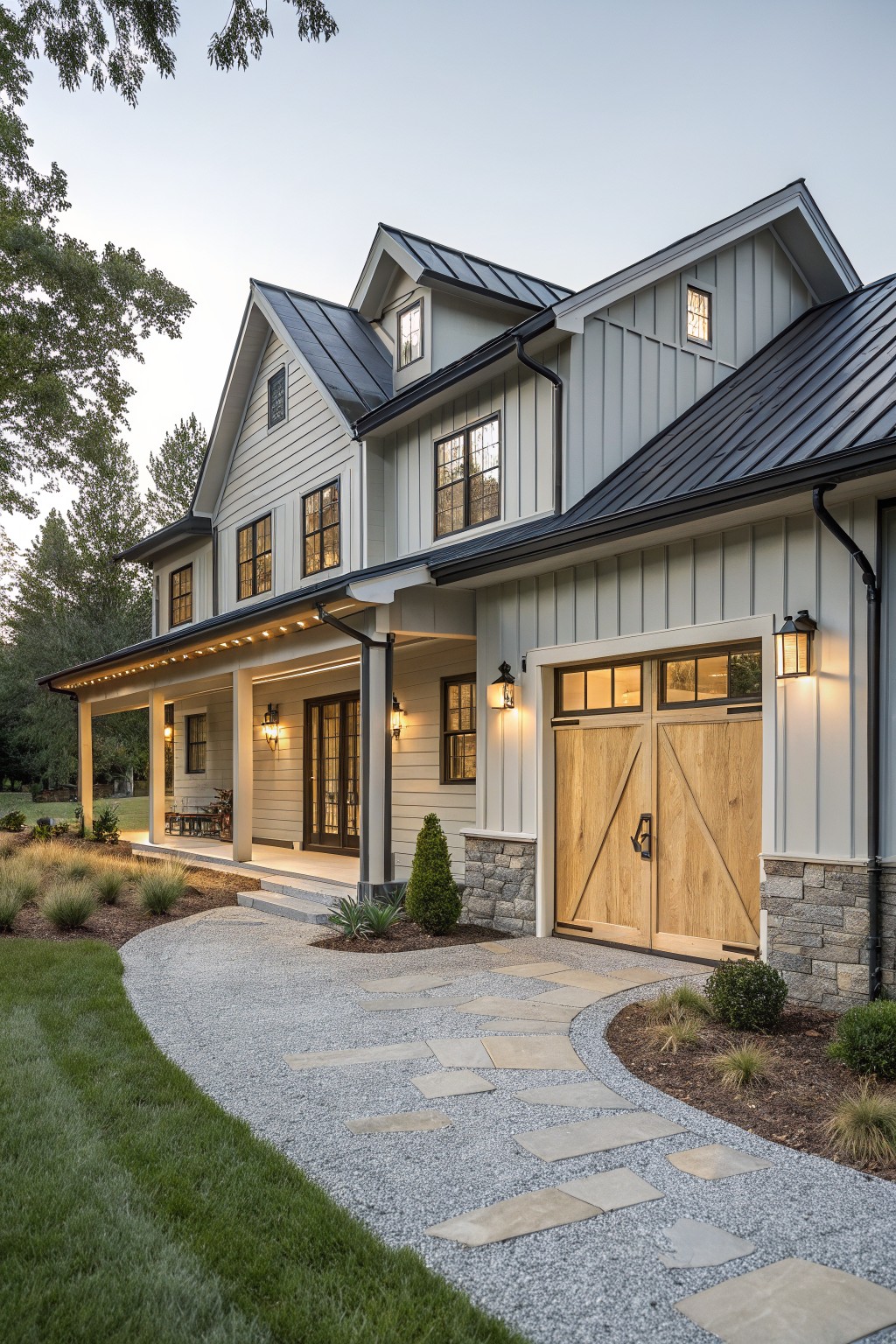 A two-story light gray board-and-batten house with black metal gable roof, wooden garage doors, covered front porch, stone base accents, lanterns, and curved stone pathway through grass and low plantings.