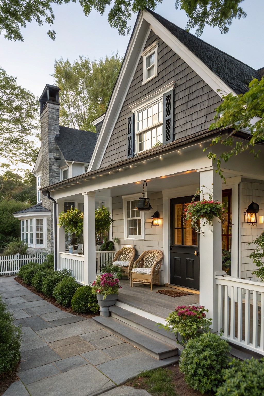 Gray shingle-sided house with dark gabled roof, white trim, covered front porch, black door, lanterns, wicker chairs, potted plants, stone pathway, and surrounding shrubs and trees.