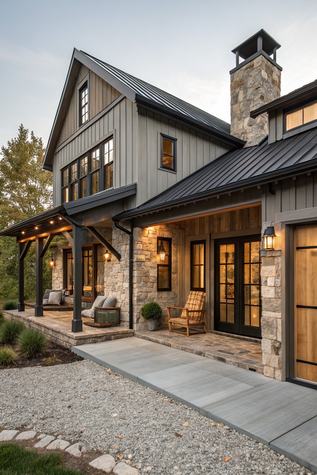 Two-story house exterior with light gray vertical board-and-batten siding, black metal roof, tall stone chimney, covered wooden porch, French doors, garage door, and gravel path.