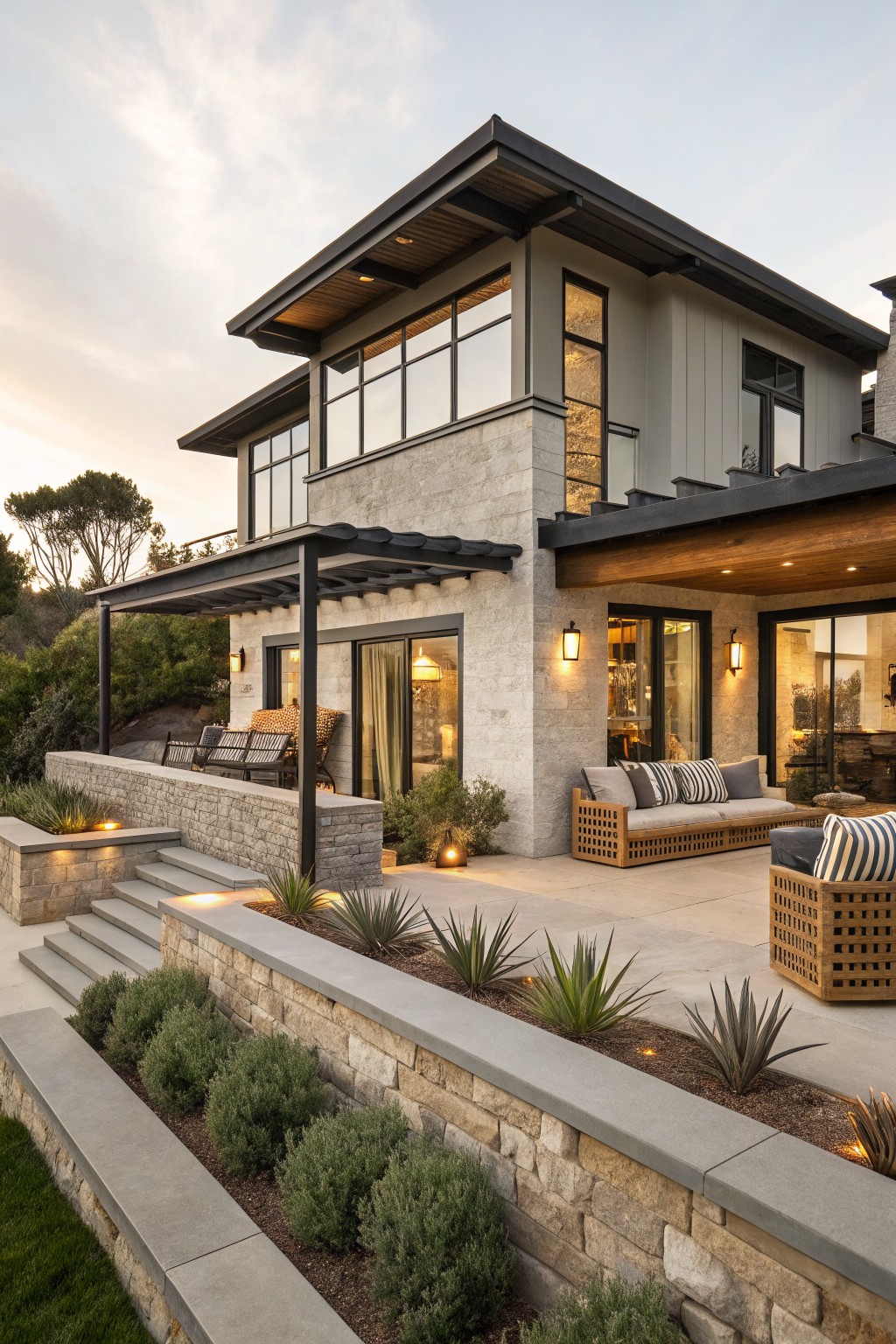 Two-story modern house exterior with light gray stone lower walls and siding upper levels, black metal roof overhangs and window frames, covered patio with teak furniture, stone steps, and agave plants in retaining walls at dusk.