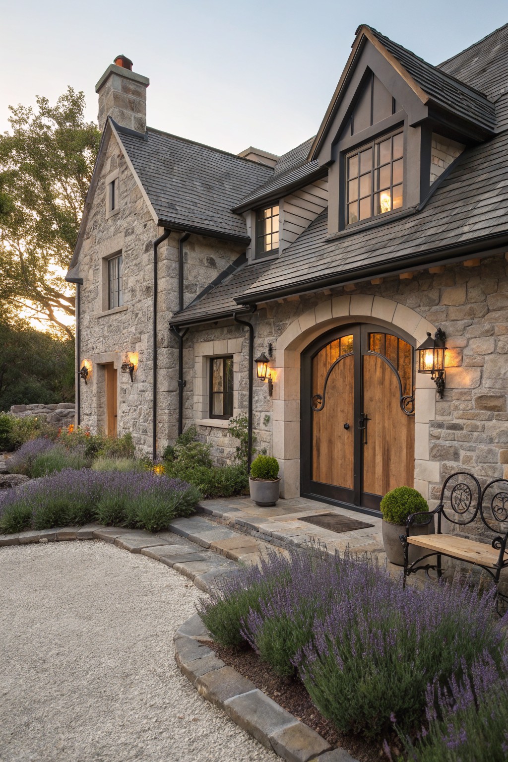Gray stone house exterior with dark sloped roof, arched double wooden entry doors under stone archway, wall lanterns, lavender shrubs, gravel path, potted plants, and metal bench near the entrance.