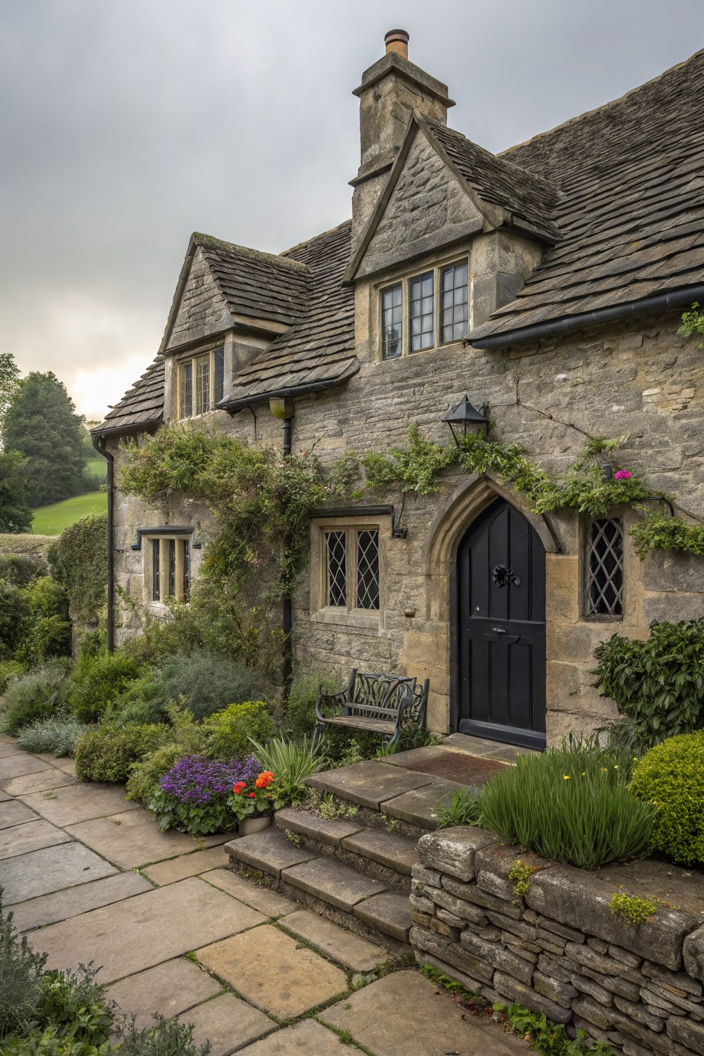 Gray stone cottage exterior featuring dark slate roof, arched black front door, ivy climbing the walls, stone steps with bench, flower pots, and garden path.