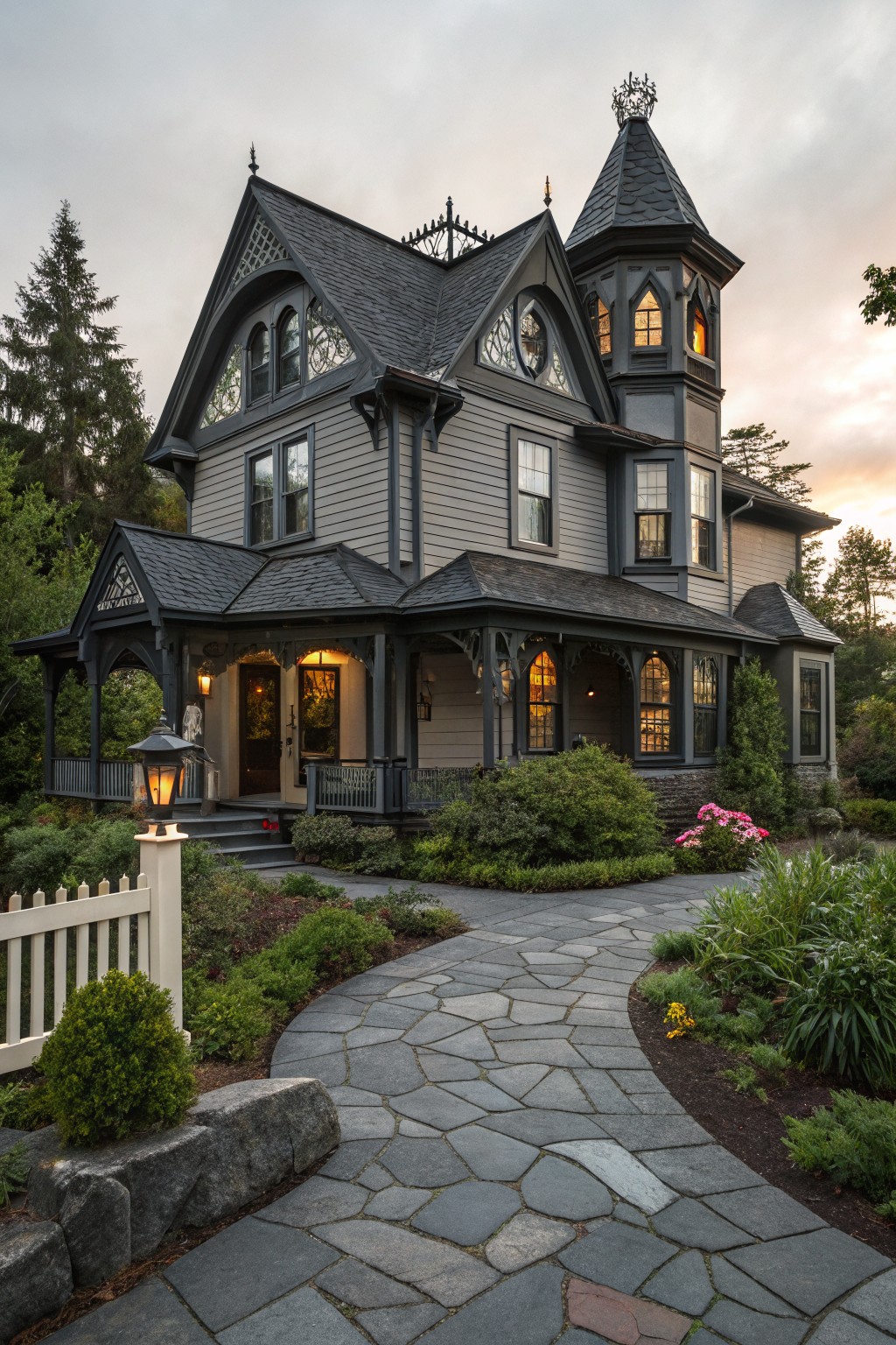 Dark gray two-story Victorian house with black sloped roof, octagonal turret, wraparound porch, stone pathway, and surrounding shrubs and trees at dusk.