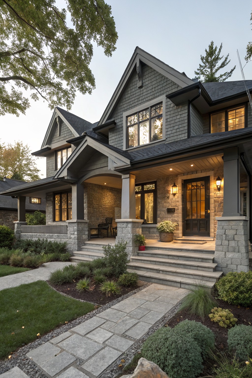 Two-story gray shingle house with black roof, covered front porch supported by stone pillars, black front door with glass panels, stone steps, flagstone pathway, and low shrubs in the yard at dusk.