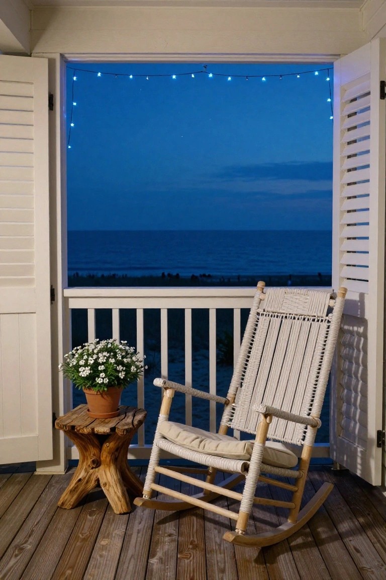 White rocking chair and potted plant on a wooden deck beside open white shutters strung with blue fairy lights, framing a dusk ocean view.