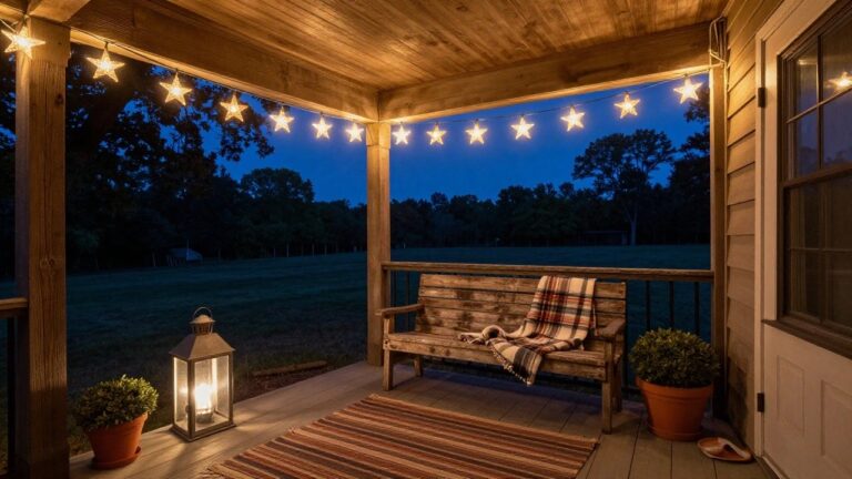 Wooden covered porch at dusk with star-shaped string lights hanging from the beams over a weathered bench draped with a plaid blanket, flanked by two metal lanterns and potted plants on a deck with railing overlooking trees and yard.