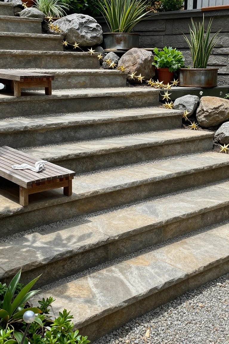 Stone steps adorned with potted plants and decorative lights, featuring a wooden bench.