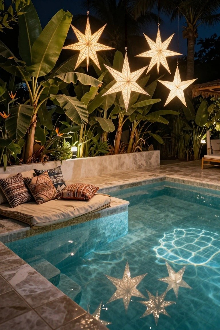Tropical pool area at night with multiple hanging golden star-shaped lanterns suspended above the water, their reflections visible on the blue tiled pool surface, surrounded by lush green plants, a cushioned bench seat, and lounge chair.