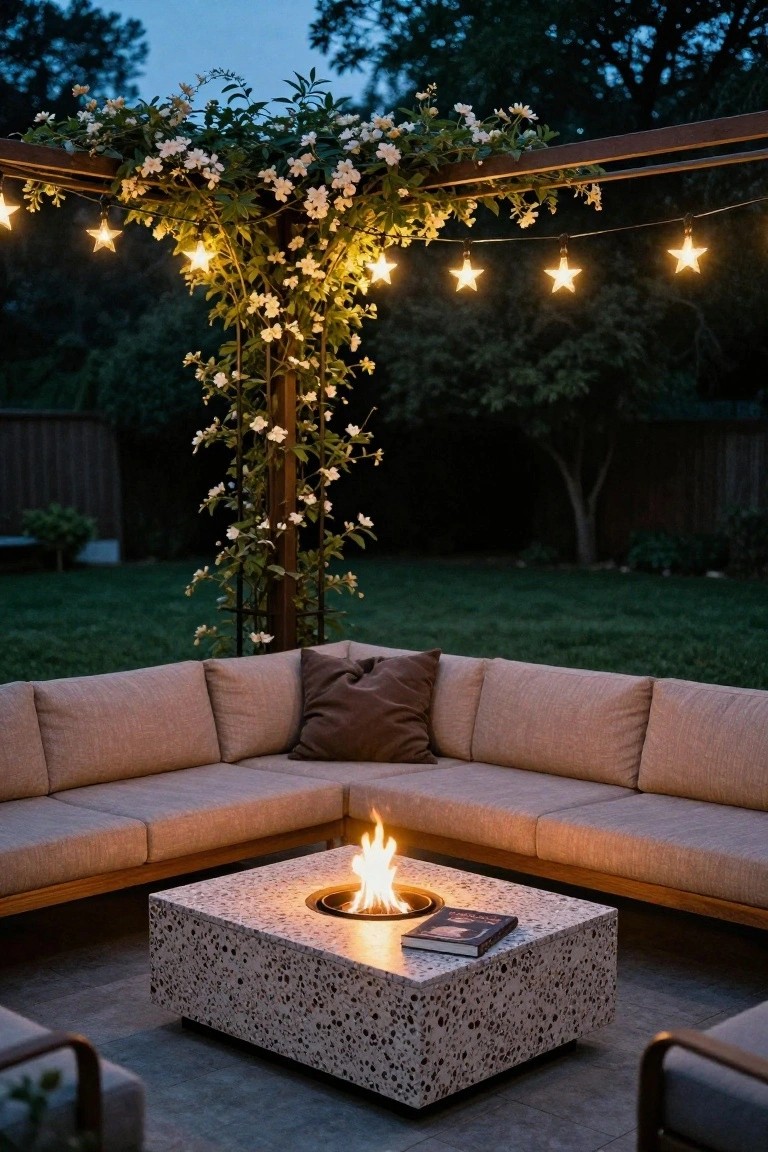 Backyard patio at dusk with wooden pergola draped in white flowering vines and star-shaped string lights, beige L-shaped outdoor sofa, square concrete fire pit table with flames, and green lawn beyond.