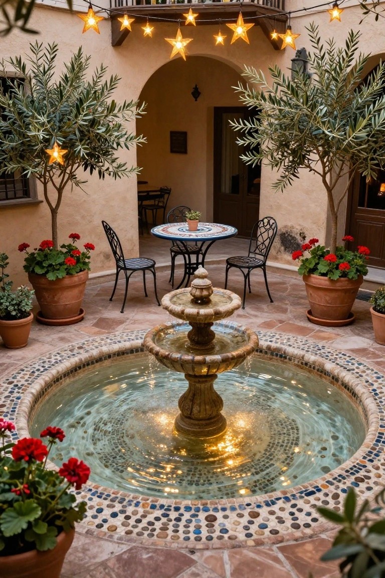 A courtyard patio with a central tiled fountain, potted olive trees and red geraniums, a small round table with iron chairs, arched doorways, and star-shaped string lights hanging from the upper balcony.