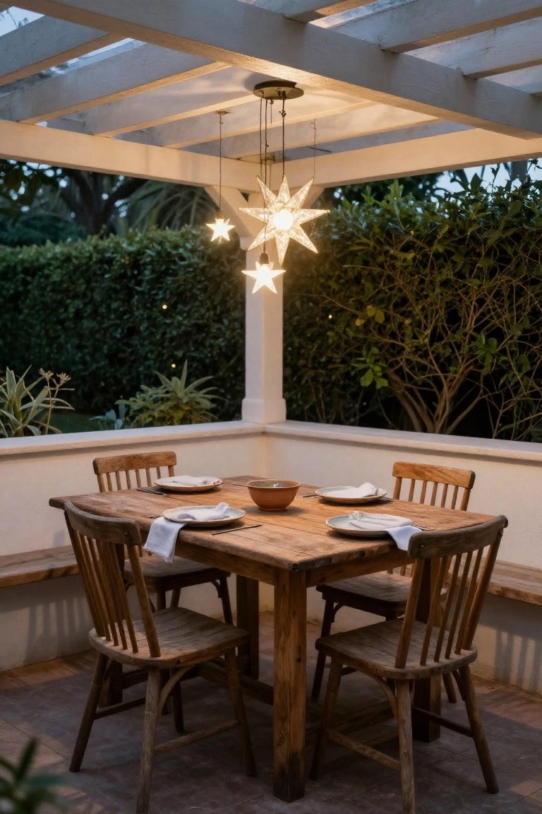 Rustic wooden dining table set for four with plates and a bowl under three glowing star-shaped pendant lights hanging from a white pergola on a patio surrounded by hedges and plants.