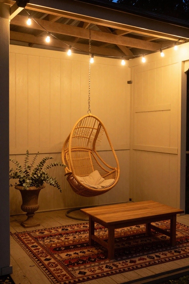 Covered wooden porch at night illuminated by warm white string lights, with a hanging wicker egg chair, potted eucalyptus plant, wooden coffee table on a patterned rug, and light beige paneled walls.
