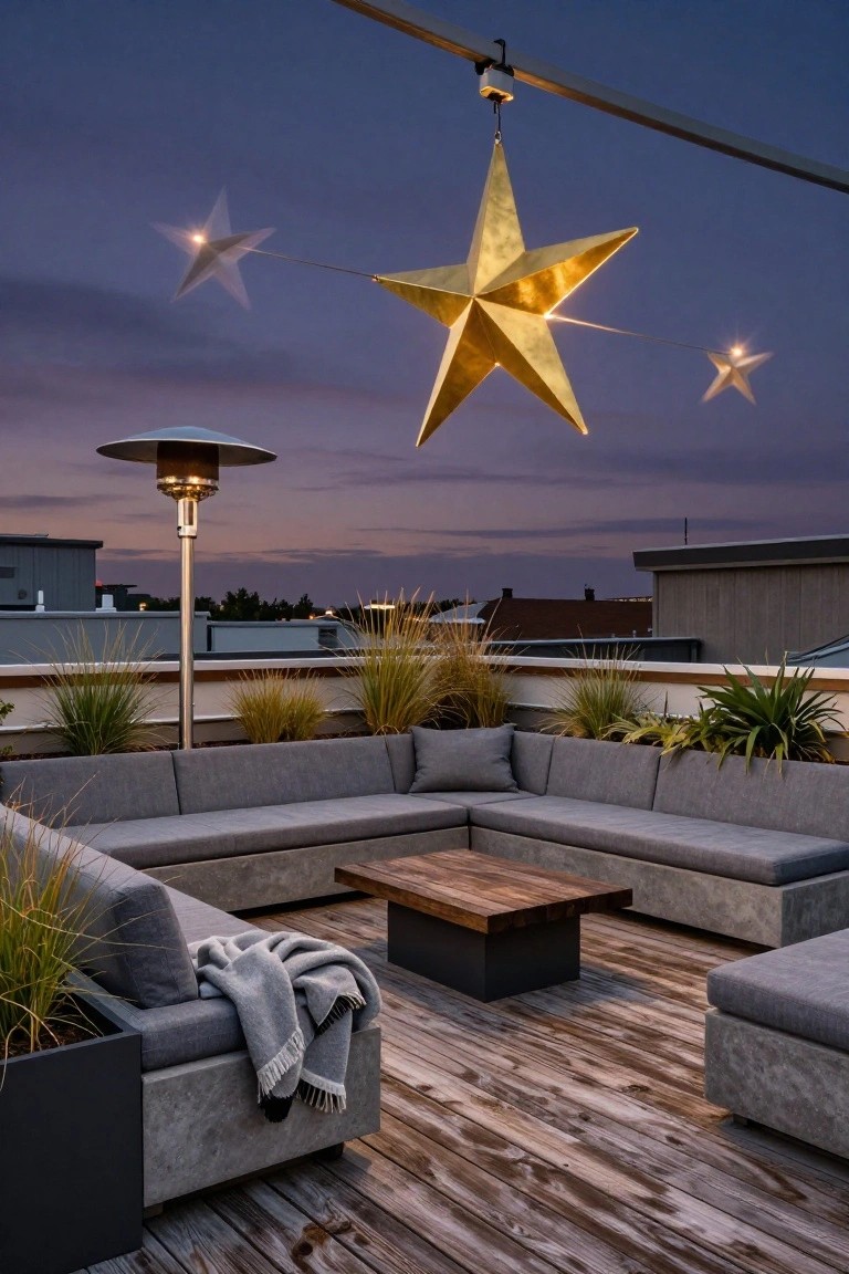 Rooftop terrace at dusk featuring an L-shaped gray outdoor sofa with throw blanket around a low wooden coffee table, surrounded by potted grasses, a patio heater, and a large suspended golden star light overhead with city buildings in the background.