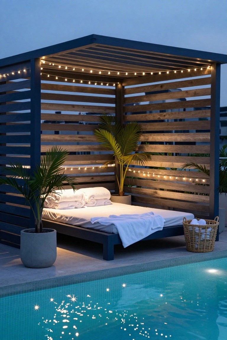 Wooden slat cabana beside a lit pool at dusk, with string lights draped along the frame, a bed piled with white towels and sheets inside, potted palm plants, and a woven basket nearby.