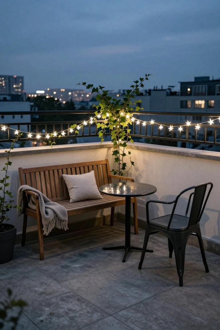 Balcony at dusk featuring a wooden bench with cushions and throw, small round table, metal chair, potted plants, ivy on the white railing strung with white star-shaped fairy lights, cityscape in background.