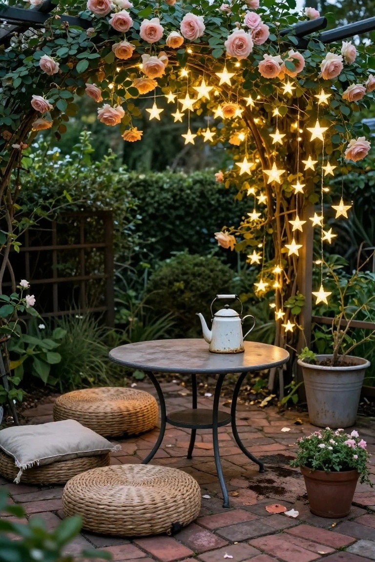 Patio seating area under a metal arbor covered in pink climbing roses with star-shaped string lights draped through the vines, small round metal table holding a white teapot, two woven poufs, potted plants on brick pavers amid greenery and hedges.