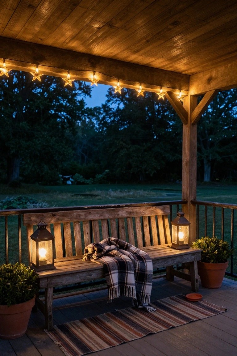 Wooden covered porch at dusk with star-shaped string lights hanging from the beams over a weathered bench draped with a plaid blanket, flanked by two metal lanterns and potted plants on a deck with railing overlooking trees and yard.