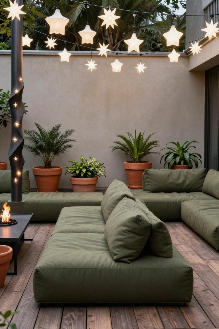 Outdoor terrace with L-shaped green sofa, black fire table, terracotta pots holding plants like palms and ferns, and white star-shaped string lights hanging from a pole and walls over a wooden deck floor.